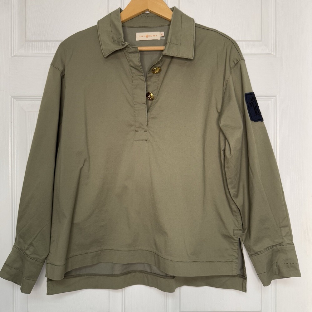Tory Burch Womens M Olive Green Long Sleeve Tunic Polo Top Blue Embroidery Patch